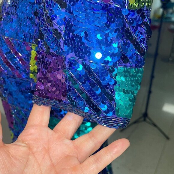 A J Bari Vintage Womens Dress Size 10 Blue Mini Sequin Beaded Checked Pure Silk - Picture 6 of 9